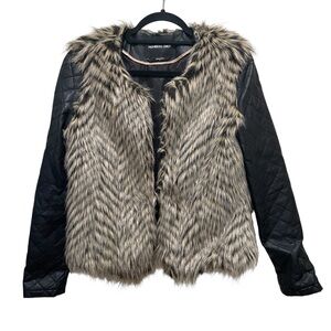 Members Only Faux Fur And Quilted Faux Leather Jacket Black/Brown Womens Medium